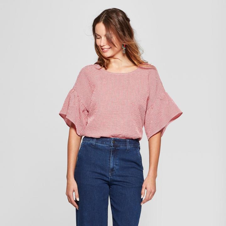 Women's Short Ruffle Sleeve Gingham Blouse - Loramendi - Red