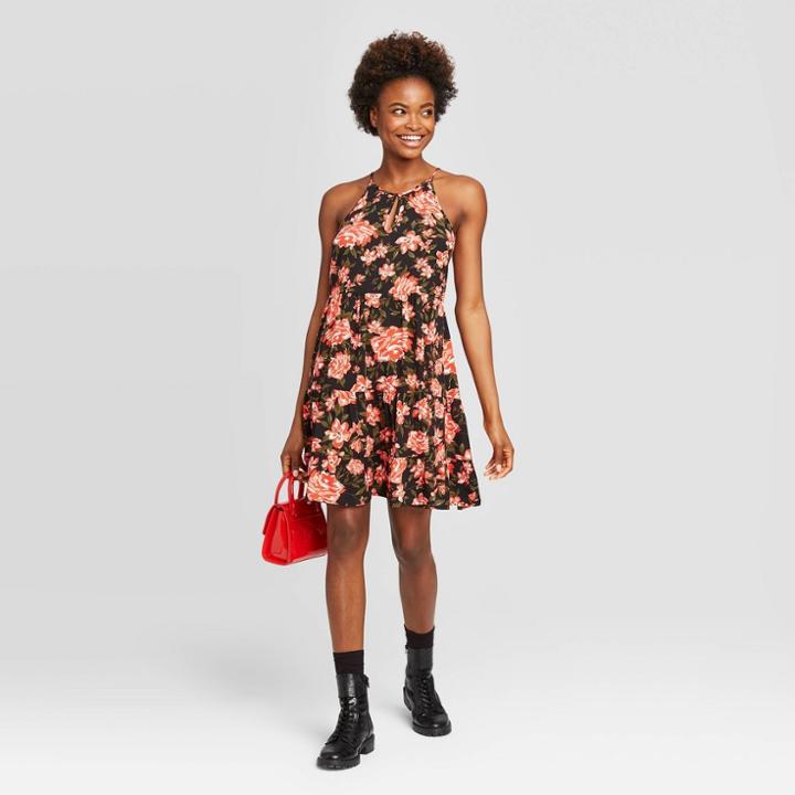 Women's Floral Print Sleeveless Tiered Dress - Xhilaration Black