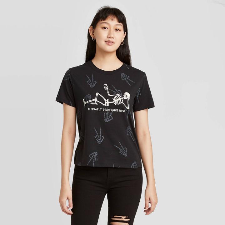 Zoe+liv Women's Skeleton I'm Literally Dead Halloween Short Sleeve Graphic T-shirt - Black