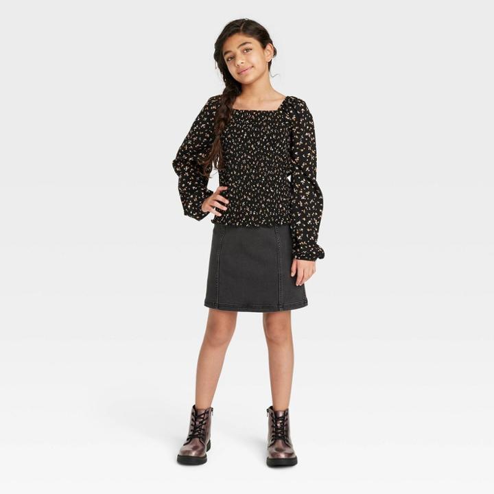 Girls' Smocked Bodice Long Sleeve Top - Art Class Black Floral