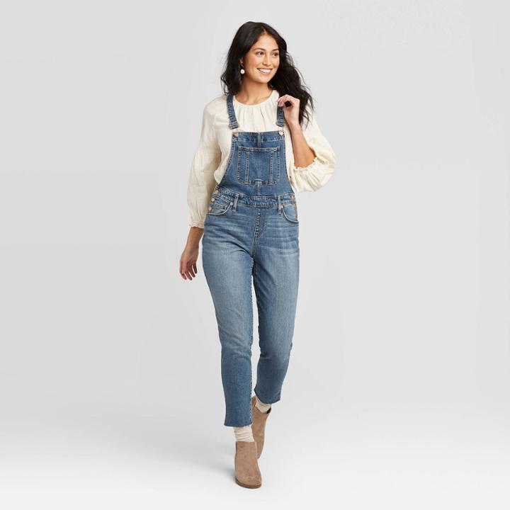 Women's High-rise Cropped Raw Hem Overalls - Universal Thread Medium Wash 00,