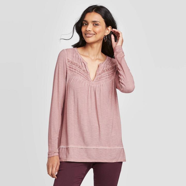Women's Long Sleeve Split Neck Oil Wash Top With Pintucking Detail - Knox Rose Rose Xs, Women's, Pink
