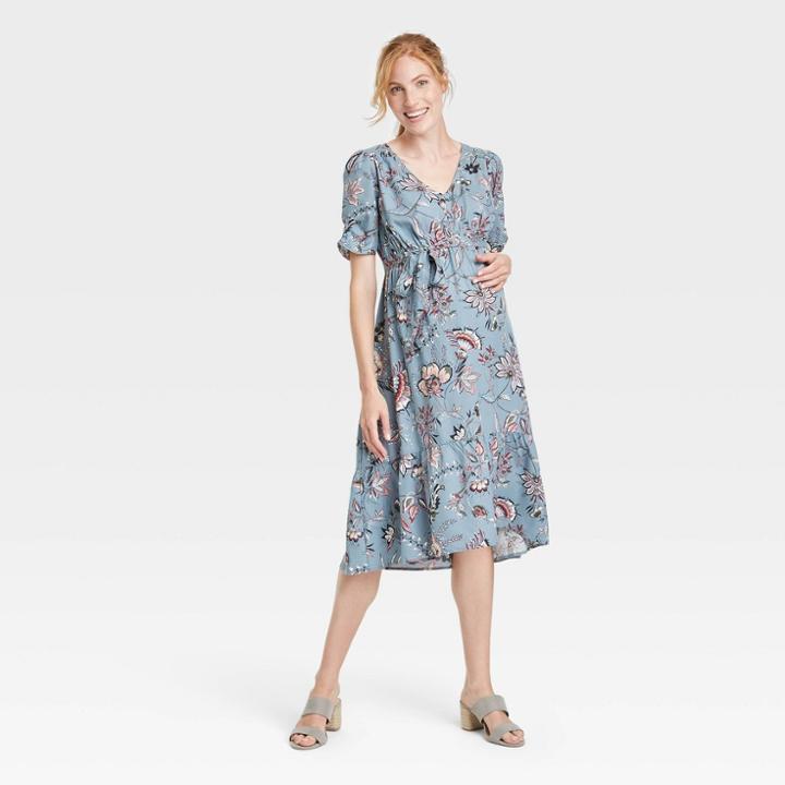 Short Sleeve Woven Tiered Maternity Dress - Isabel Maternity By Ingrid & Isabel Blue