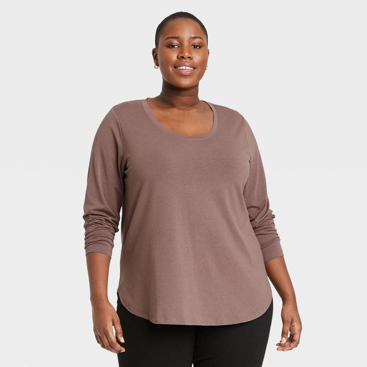 Women's Plus Size Scoop Neck Long Sleeve Drapey T-shirt - Ava & Viv Dark Brown