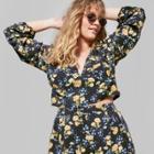 Women's Plus Size Floral Print Long Sleeve Tie-back Crop Top - Wild Fable Black