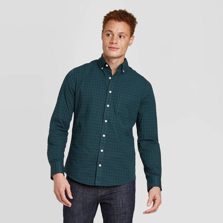 Men's Checked Slim Fit Stretch Performance Long Sleeve Button-down Shirt - Goodfellow & Co Green