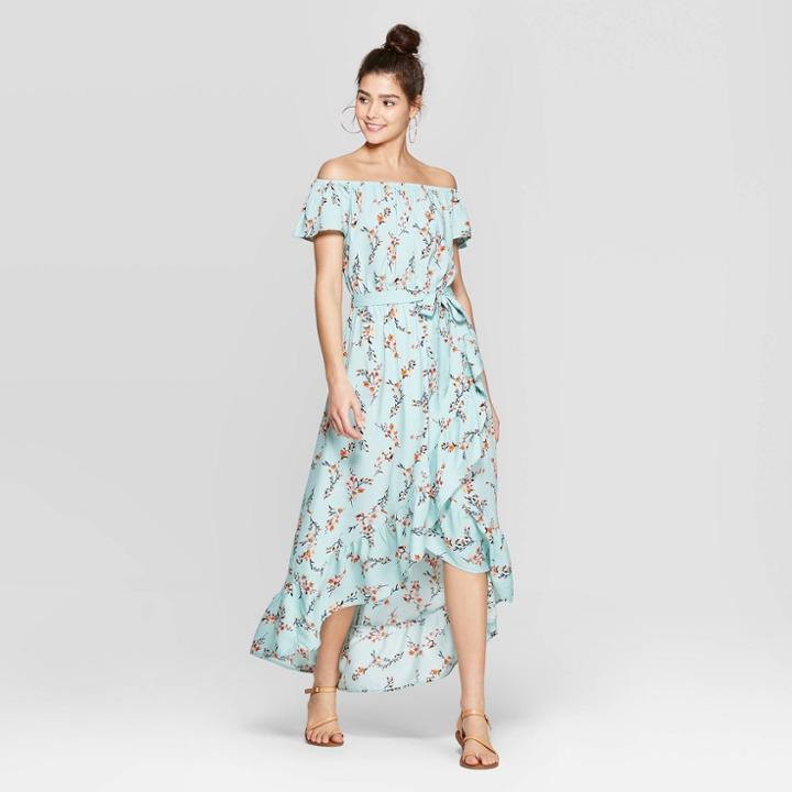 Women's Floral Print Short Sleeve Off The Shoulder High-low Hem Maxi Dress - Xhilaration