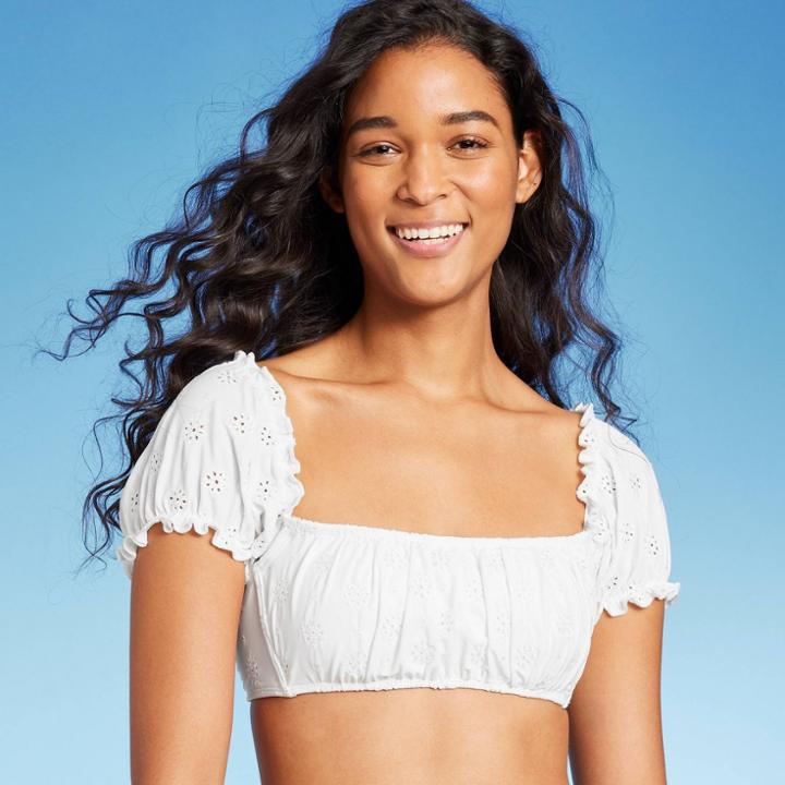 Women's Puff Sleeve Eyelette Bralette Bikini Top - Wild Fable White Xxs