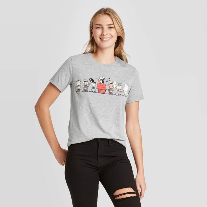 Peanuts Women's Snoopy And Friends Halloween Short Sleeve Graphic T-shirt - Gray