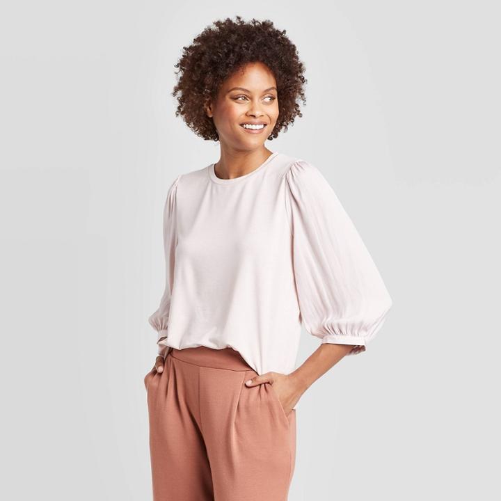 Women's Puff 3/4 Sleeve Crewneck Knit Top - A New Day Pink