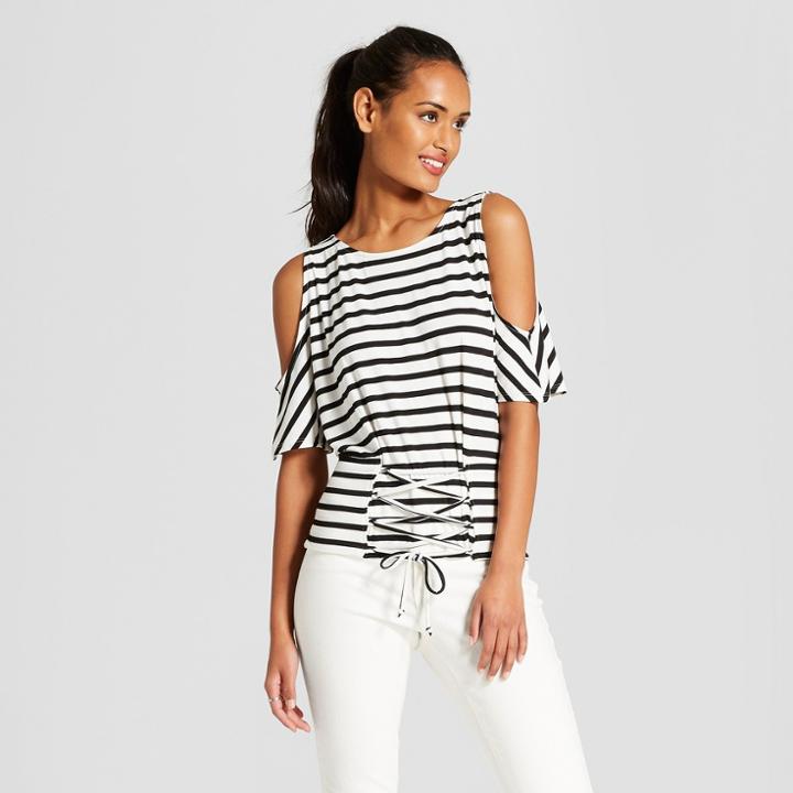 Women's Striped Short Sleeve Cold Shoulder Corset Front Top - 3hearts (juniors') Black