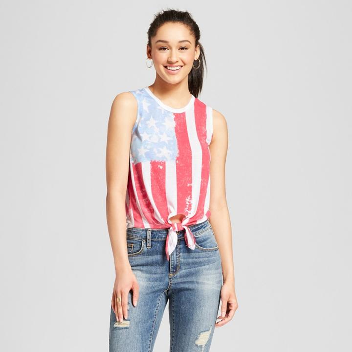 Women's Striped Painted Pop Flag Print Tie Front Graphic Tank Top - Fifth Sun (juniors') White