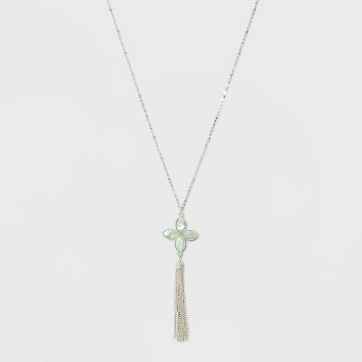 Mother Of Pearl Flower Long Necklace - A New Day Blue/silver