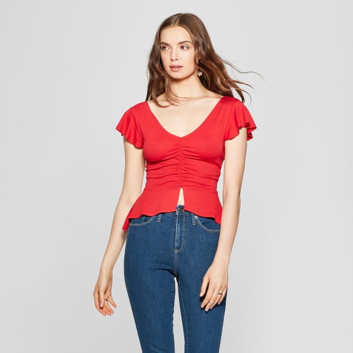 Women's Short Sleeve Ruched Front Peplum Top - Soul Cake (juniors') Red