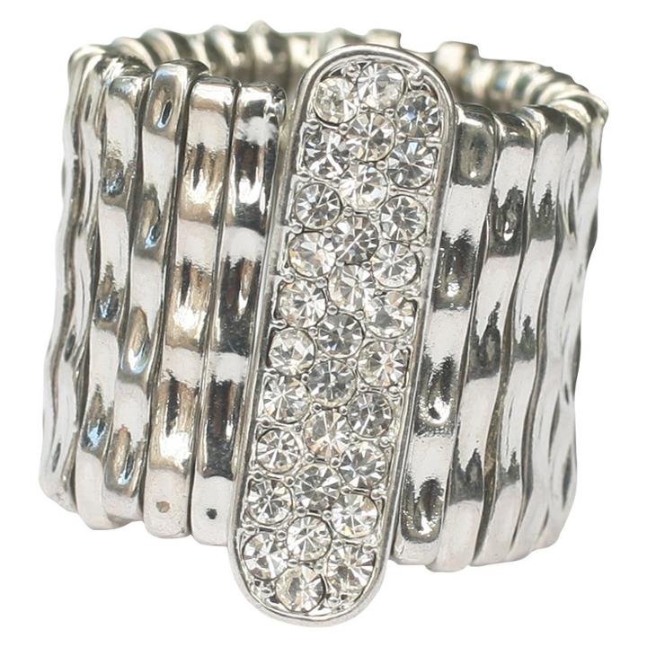 Zirconite Stretch Ring With Crystal Bar - Rhodium, Women's,