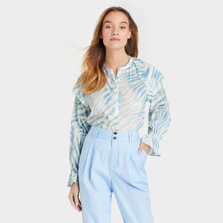 Women's Ruffle Long Sleeve Blouse - Who What Wear Blue Zebra