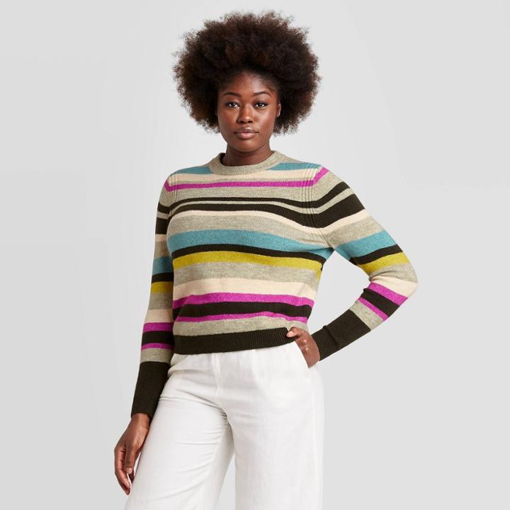 Women's Striped Crewneck Pullover Sweater - A New Day Green