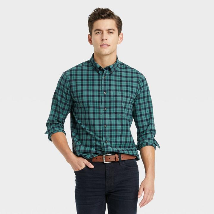 Men's Plaid Regular Fit Stretch Poplin Long Sleeve Button-down Shirt - Goodfellow & Co Jade