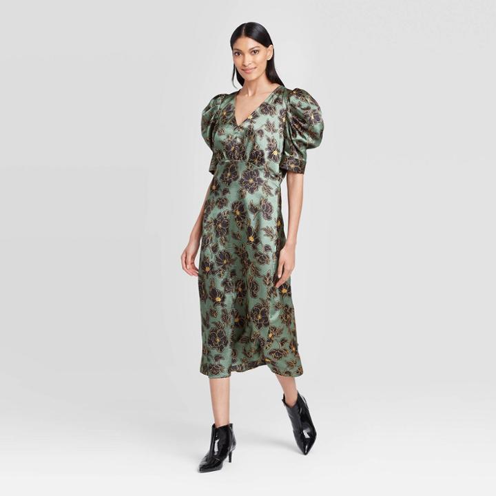 Women's Floral Print Shirred Short Sleeve V-neck A Line Midi Dress - Who What Wear Green M, Women's,