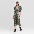 Women's Floral Print Shirred Short Sleeve V-neck A Line Midi Dress - Who What Wear Green M, Women's,