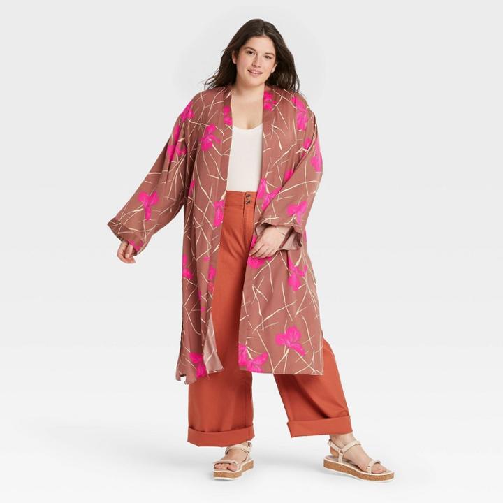 Women's Plus Size Floral Duster - A New Day Brown/fucshia