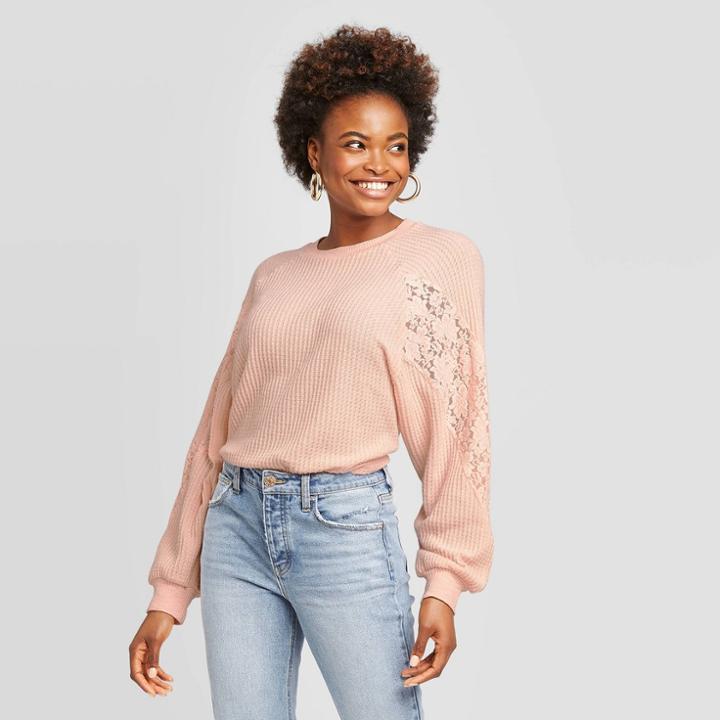 Women's Long Sleeve Crewneck Waffle Knit With Lace Inserts Top - Xhilaration Blush Xs, Women's, Pink
