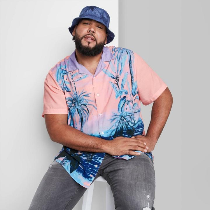 Adult Extended Size Printed Casual Fit Short Sleeve Button-down Shirt - Original Use Coral Berry/tree 2xl, Pink Pink/tree