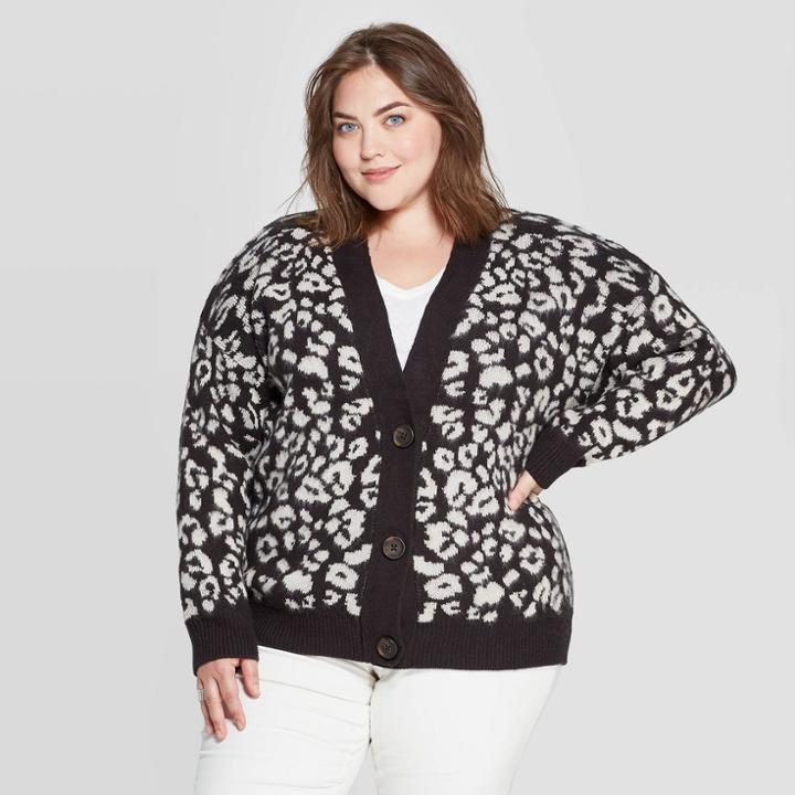 Women's Plus Size Leopard Print Long Sleeve V-neck Grandpa Cardigan - Universal Thread Black X, Women's
