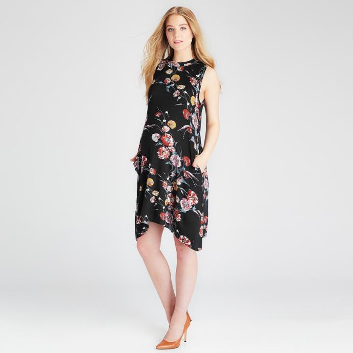Maternity Floral Print Mock Swing Dress - Expected By Lilac Black Vintage