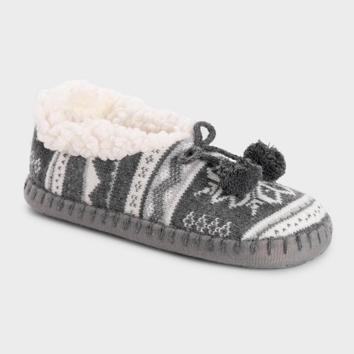 Muk Luks Women's Classic Ballerina Slipper Socks With Poms & Grippers - Gray/white