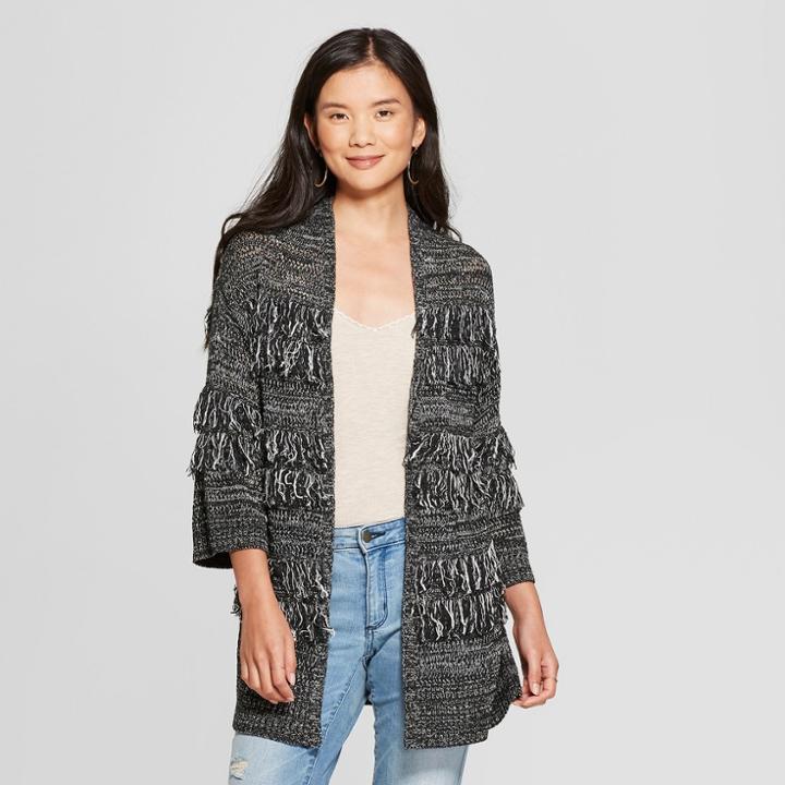 Women's Long Sleeve Open Fringe Cardigan - Knox Rose Black