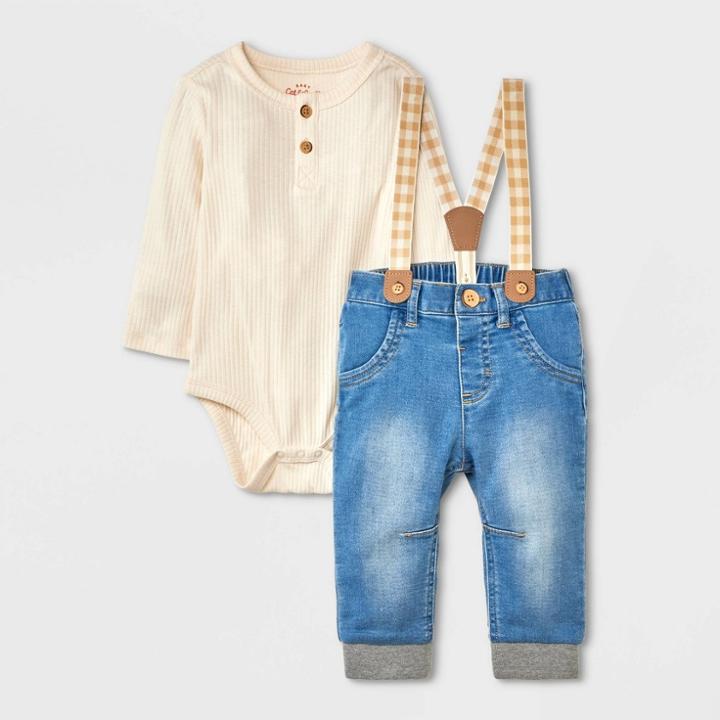 Baby Boys' Ribbed Gingham North Suspender Set - Cat & Jack White Newborn