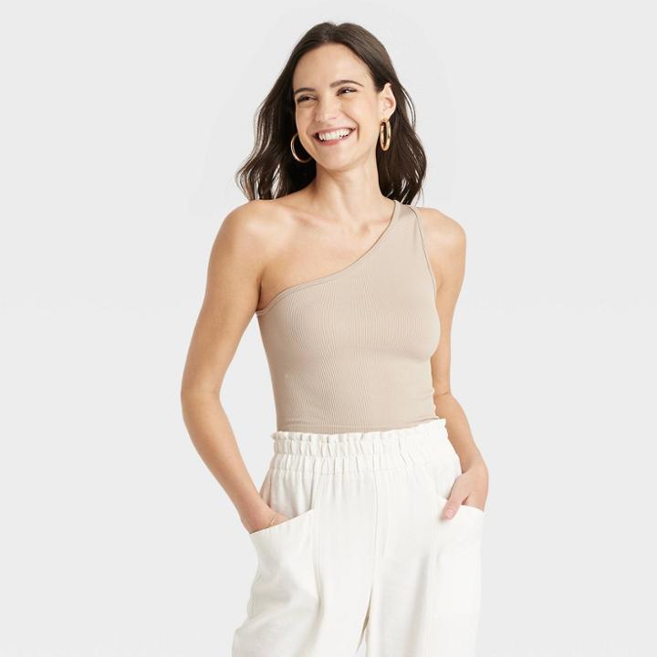 Women's One Shoulder Slim Fit Seamless Ribbed Tank Top - A New Day Beige