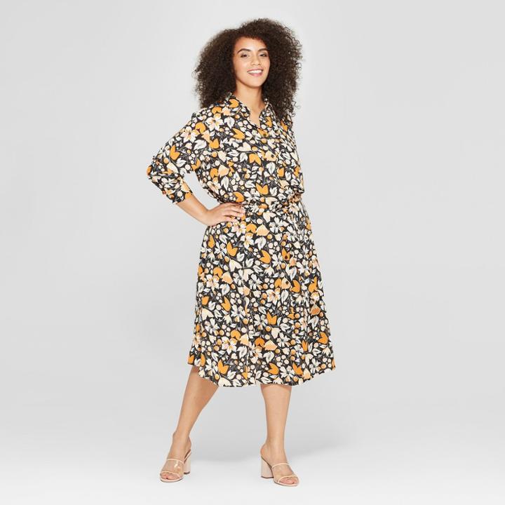 Women's Plus Size Floral Print Long Convertible Sleeve Button Detailed Shirt Dress - Who What Wear Black/brown X