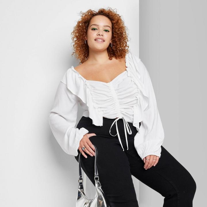Women's Plus Size Balloon Long Sleeve Convertible Ruffle Top - Wild Fable White