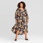 Women's Plus Size Floral Print Long Sleeve V-neck Tiered Tent Midi Dress - Who What Wear Black 1x, Women's,