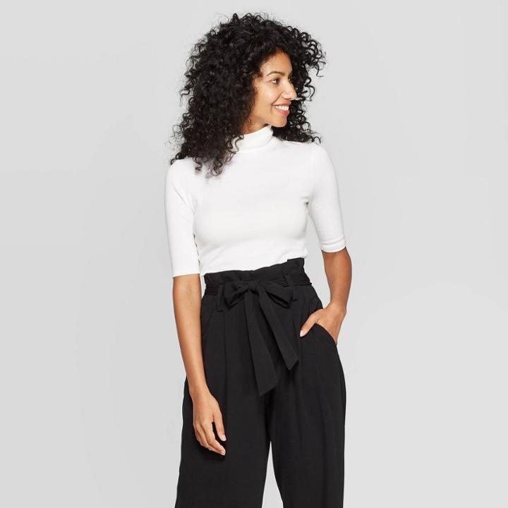 Women's Regular Fit Elbow Sleeve Turtleneck T-shirt - A New Day White