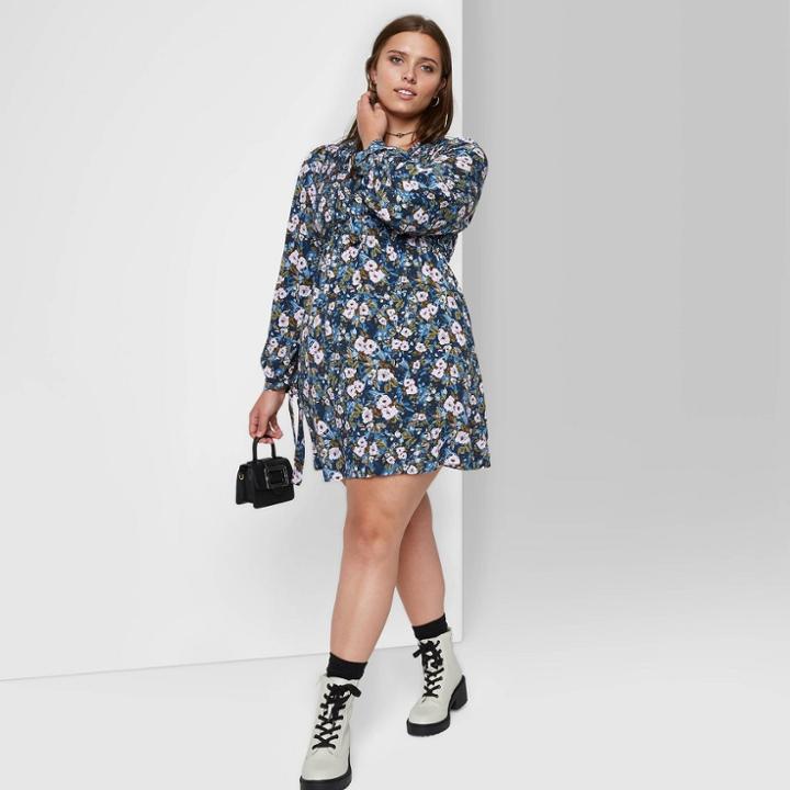 Women's Plus Size Long Sleeve Dress - Wild Fable Navy Floral 1x, Blue Floral