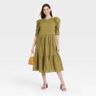 Women's Elbow Sleeve Eyelet Dress - A New Day Olive
