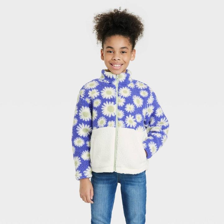 Girls' Floral Printed Zip-up Sherpa Jacket - Cat & Jack Violet
