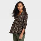 The Nines By Hatch Tie 3/4 Sleeve Crepe Maternity Blouse Black Floral Print
