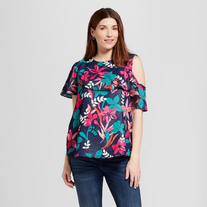 Maternity Floral Asymmetrical Flounce Top - Isabel Maternity By Ingrid & Isabel Navy Xxl, Women's, Blue