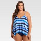 Plus Size Dreamsuit By Miracle Brands Women's Plus Slimming Control Striped Tankini Top - Blue/white