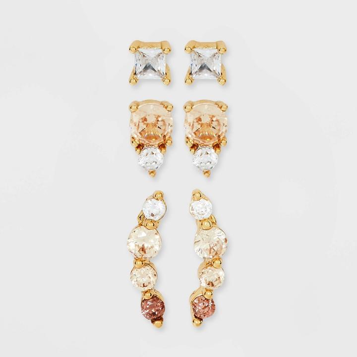 14k Gold Dipped Cubic Zirconia Trio Stud Earring Set - A New Day Amber