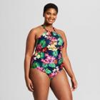 Clean Water Women's Floral Print High Neck One Piece - Navy