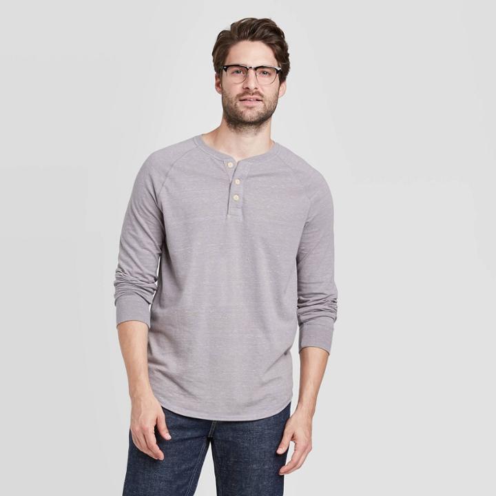 Men's Standard Fit Long Sleeve Button-down Henley T-shirt - Goodfellow & Co Gray