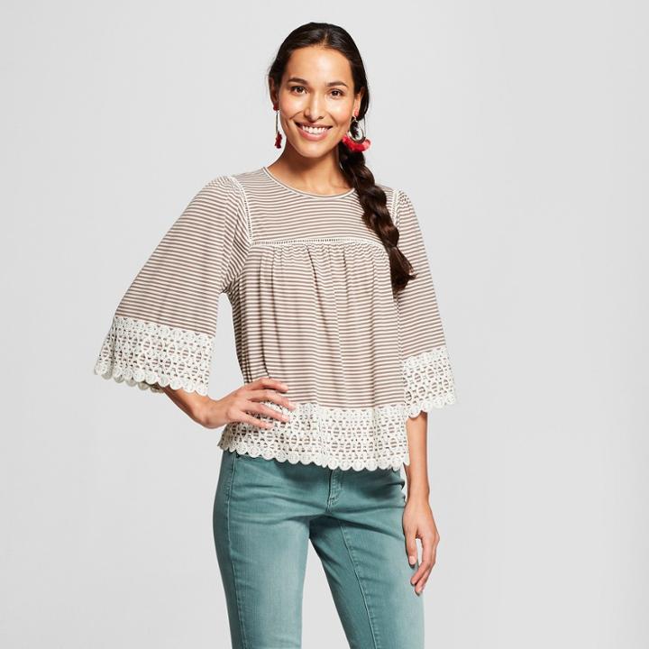 Johnpaulrichard Women's Lace Trim Striped Top - John Paul Richard - Brown