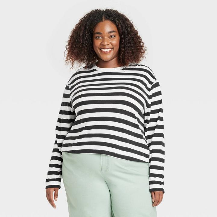 Women's Plus Size Long Sleeve Boxy T-shirt - A New Day Black/white
