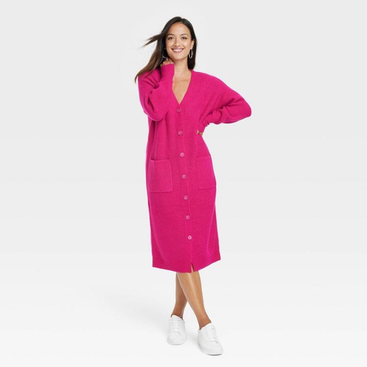 Women's Long Sleeve Button-front Sweater Dress - A New Day Pink
