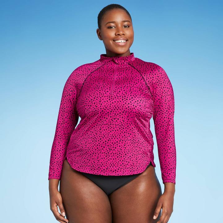 Women's Plus Size Mock Neck Long Sleeve Rash Guard - All In Motion Cranberry Dot